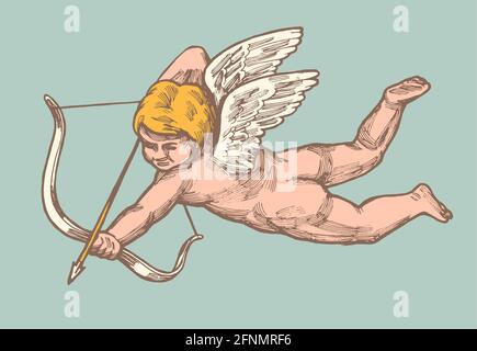 vintage valentines day pink cupid with bow and arrow on blue background Stock Vector