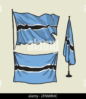 flag of Botswana on the wind and on the wall hand drawn illustration set. Stock Vector