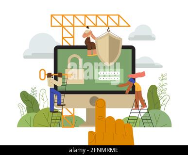 Cyber security metaphor illustration - tiny people putting shield, lock and password on a computer and big hand checking fingerprint Stock Vector