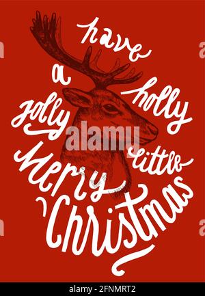 christmas calligraphy lettering with a reindeer drawing bright red card. Stock Vector