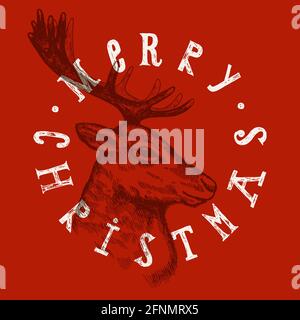 christmas deer etching label. red stamp. Stock Vector