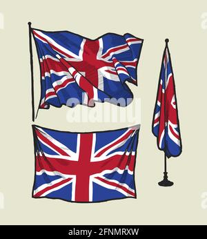 united kingdom flag set - uk flag vintage drawing on the wind, on the wall and in the office. Stock Vector