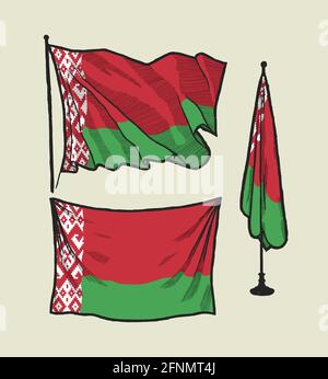 Flag of Belarus on the wind and on the wall - vector illustration set Stock Vector