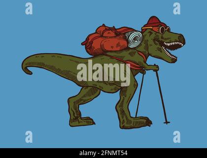 Dinosaur hiking. T-rex traveler with a backpack and trekking poles isolated vector character illustration. Stock Vector
