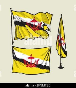 Flag of Brunei on the wind and on the wall vector drawing illustration set Stock Vector