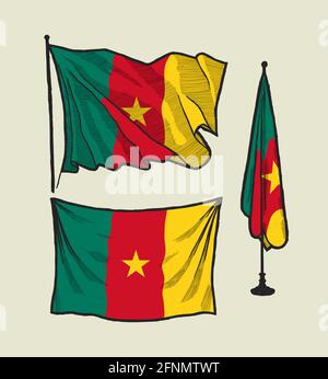Flag of Cameroon on the wind and on the wall - vector drawing illustration set Stock Vector