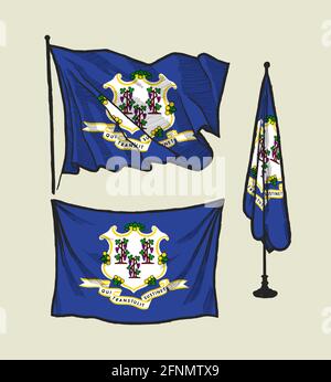 Flag of Connecticut on the wind and on the wall illustration set Stock Vector