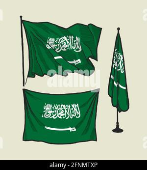 Saudi Arabia flag on the wind and on the wall hand drawn illustration set Stock Vector