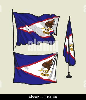 Flag of American Samoa on the wind and on the wall vintage drawing vector illustration set Stock Vector