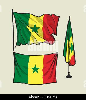Senegal flag on the wind drawing, Flag of Senegal on the wall Stock Vector