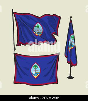 Flag of Guam on the wind and on the wall hand drawn vector illustration set Stock Vector