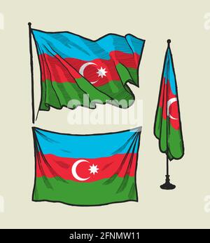 flag of Azerbaijan on the wind and on the wall - vector illustration set Stock Vector