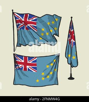 Flag of Tuvalu on the wind and on the wall hand drawn illustration set Stock Vector