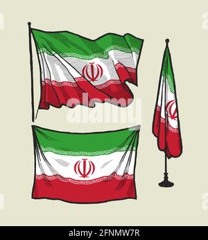 Flag of Iran on the wind and on the wall hand drawn vector illustration set Stock Vector