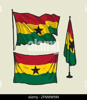 Flag of Ghana on the wind and on the wall - vector drawing illustration set Stock Vector