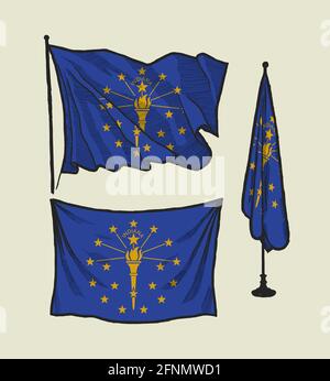 Flag of Indiana on the wind and on the wall illustration set Stock Vector