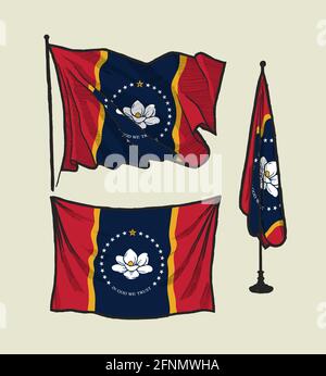 Mississippi flag set - flag on the wind, flag on the wall and flag in the office Stock Vector