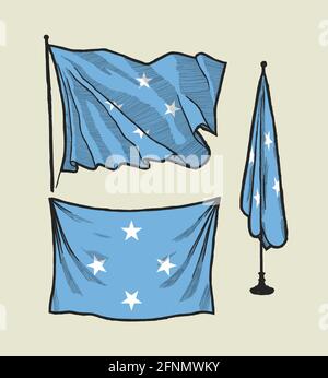 Flag of the Federated States of Micronesia on the wind and on the wall illustration set Stock Vector