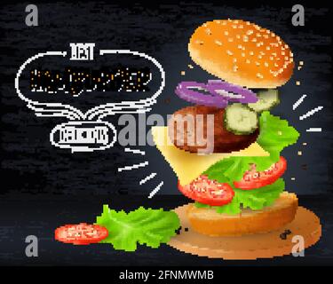 Big hamburger advertisement on wooden blackboard background, realistic vector illustration Stock Vector