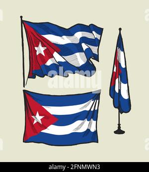 Flag of Cuba on the wind and on the wall illustration set Stock Vector