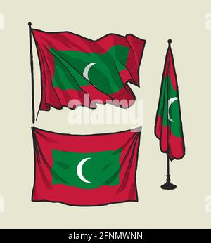 Flag of Maldives on the wind and on the wall hand drawn illustration set Stock Vector