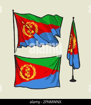 Flag of Eritrea on the wind and on the wall - vector drawing illustration set Stock Vector