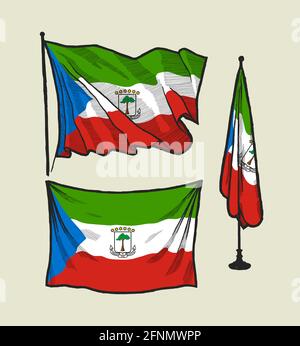 Equatorial Guinea flag on the wind and on the wall hand drawn illustration set Stock Vector