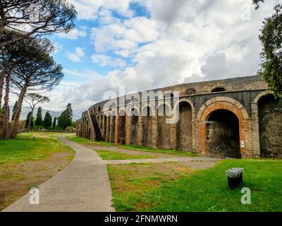 The amphitheatre of Pompeii is the oldest among those known from the Roman times. Built in 70 BC on the initiative of magistrates Caius Quinctus Valgus and Marcus Porcius - Pompeii archeological site, Italy Stock Photo