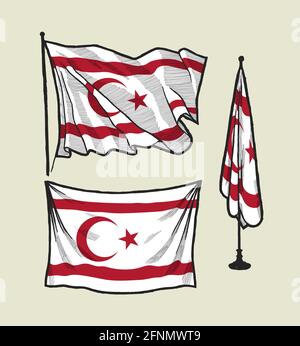 Flag of the Turkish Republic of Northern Cyprus on the wind and on the wall illustration set Stock Vector