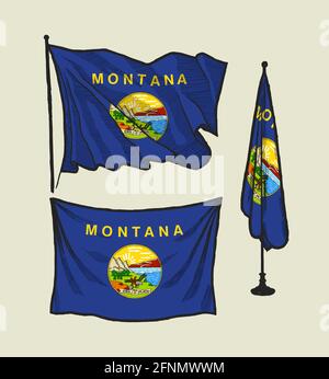 Flag of Montana the wind and on the wall illustration set Stock Vector