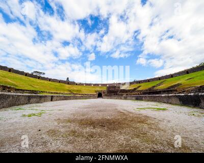 The amphitheatre of Pompeii is the oldest among those known from the Roman times. Built in 70 BC on the initiative of magistrates Caius Quinctus Valgus and Marcus Porcius - Pompeii archaeological site, Italy Stock Photo
