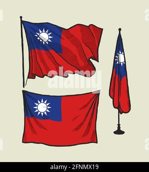 Flag of Taiwan on the wind and on the wall hand drawn illustration set Stock Vector