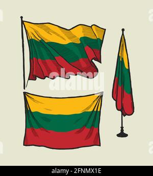 Flag of Lithuania on the wind and on the wall drawing illustration set Stock Vector