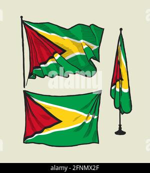 Flag Guyana on the wind and on the wall drawing vector illustration set Stock Vector