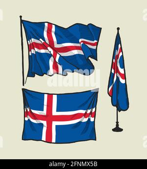 Flag of Iceland on the wind and on the wall - vector drawing illustration set Stock Vector