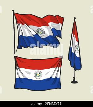 Flag of Paraguay on the wind and on the wall - vector drawing illustration set Stock Vector