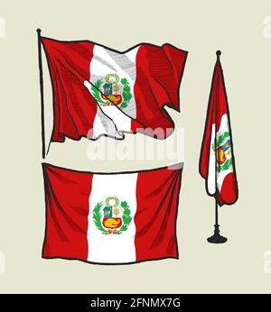 Flag of Peru on the wind and on the wall - vector illustration set Stock Vector