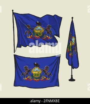 Flag of Pennsylvania on the wind and on the wall hand drawn vector illustration set Stock Vector