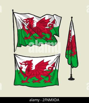 Flag of Wales on the wind and on the wall - drawing style vector illustration set Stock Vector
