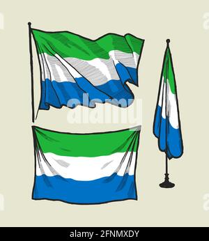 Flag of Sierra Leone on the wind and on the wall - hand drawn vector illustration set Stock Vector