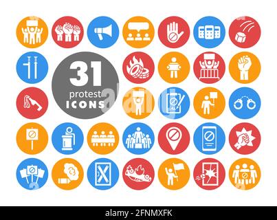 Protest, demonstration, strike, revolution set vector white glyph icons. Graph symbol for your web site design, logo, app, UI Stock Vector