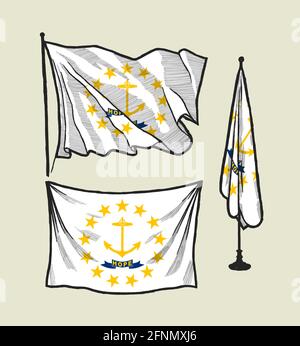 Flag of Rhode Island on the wind and on the wall hand drawn vector illustration set Stock Vector