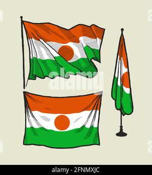 Flag of Niger on the wind and on the wall illustration set Stock Vector