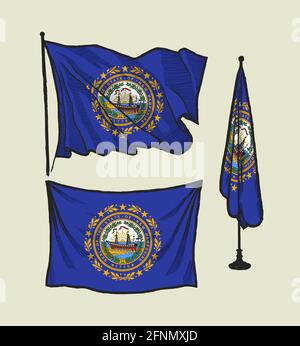 New Hampshire flag on the wind and on the wall vintage vector illustration set Stock Vector