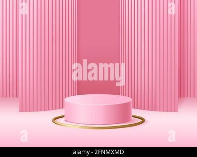 Pink advertisement 3D Prodium with abstract background, realistic vector illustration close-up Stock Vector