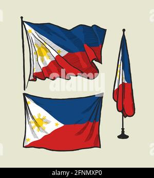Flag of Philippines on the wind and on the wall - vector drawing illustration set Stock Vector