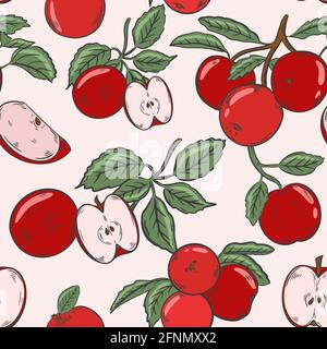 Colorful pattern with red apples. Vector. A repeating pattern with whole fruits, halves and apples on a branch. Background with food, set of fruits. A Stock Vector