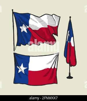 flag of Texas on the wind and on the wall hand drawn illustration set. Stock Vector