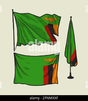 Flag of Zambia on the wind and on the wall hand drawn illustration set Stock Vector