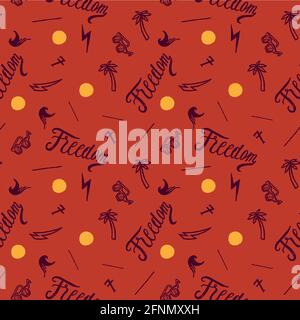 Warm red summer patter with yellow suns and sunglssses, waves, palm-trees, lightning, and freedom typography Stock Vector